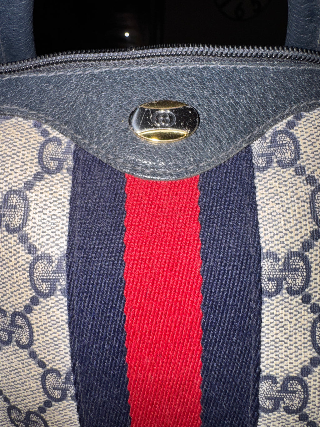 True Vintage 1970s Gucci GG Supreme Navy Blue Web Boston Bag Satchel w/ COA