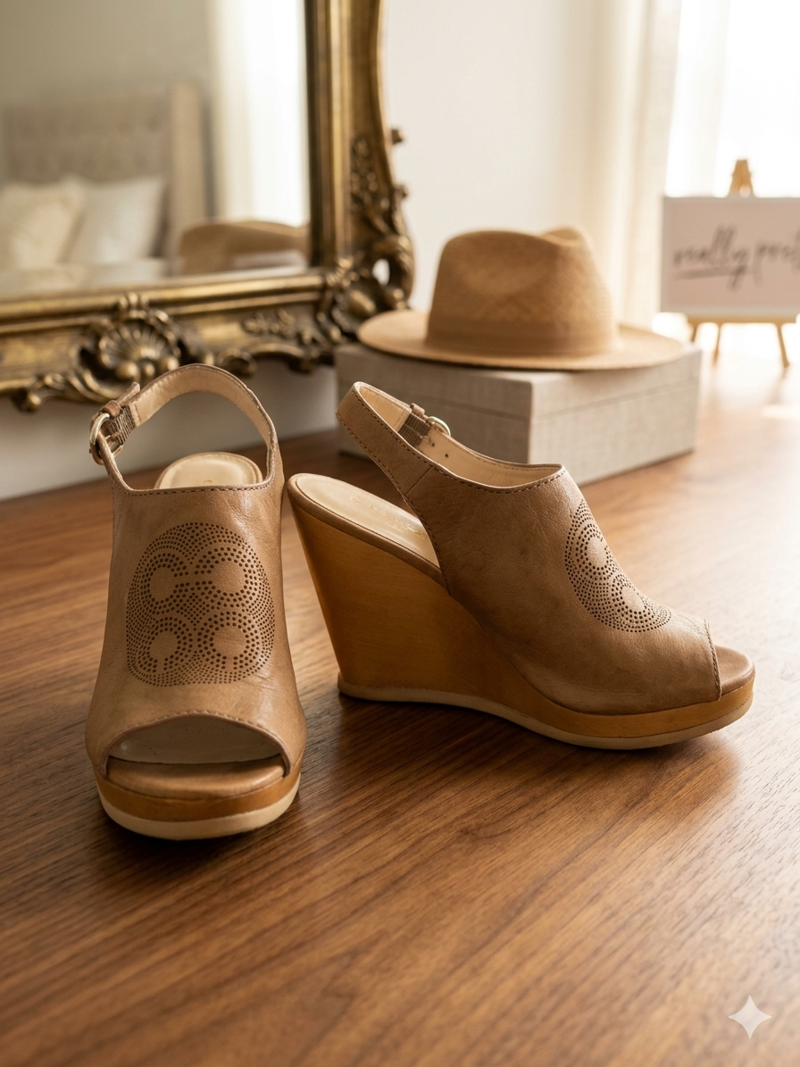 COACH Jade Leather Perforated Wedge Sandals