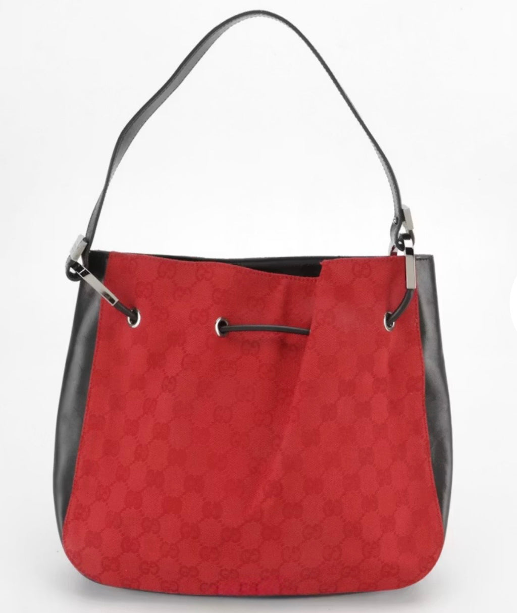 Vintage Gucci Red GG Jacquard Drawstring Shoulder Bag - Tom Ford Era