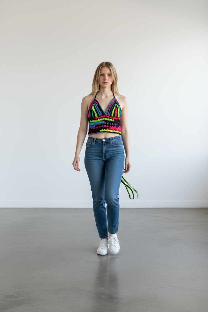 Handmade Neon Rainbow Crochet Halter Crop Top