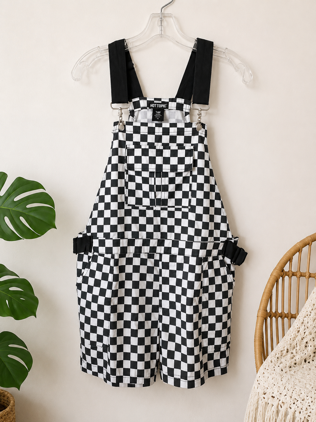 Hot Topic Checkerboard Overall Romper | Black & White Skater Overalls