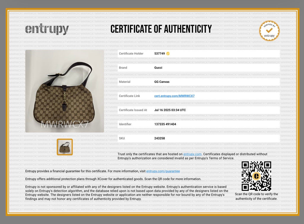 Authentic Gucci Jackie GG Canvas Shoulder Bag Brown Leather Trim + Entrupy COA