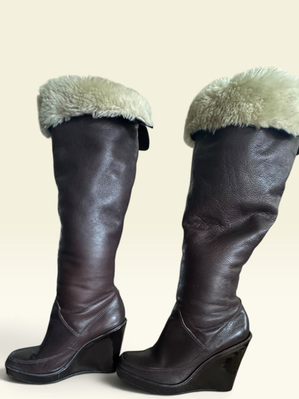 Michael Kors Brown Leather Fur-Trim Wedge Boots
