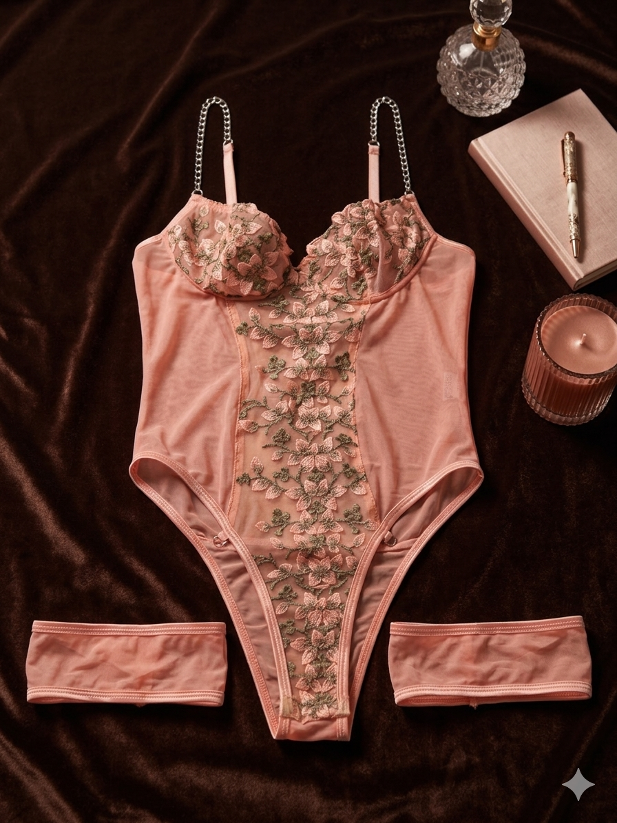 Peach Embroidered Lace Bodysuit