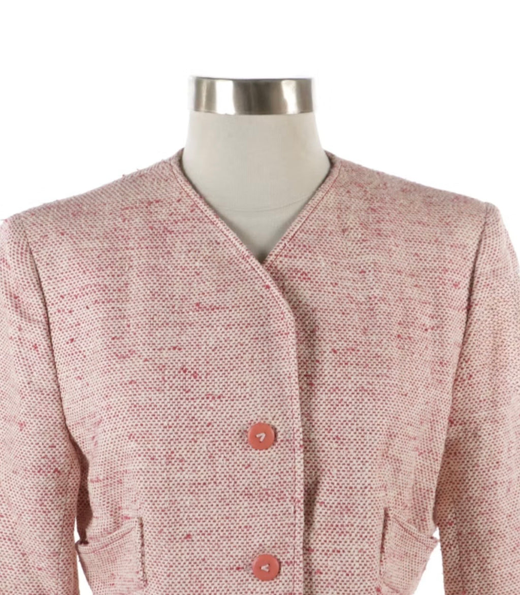 Vintage Valentino Boutique Pink Silk Noil Canvas Collarless Skirt Suit - Made in Italy