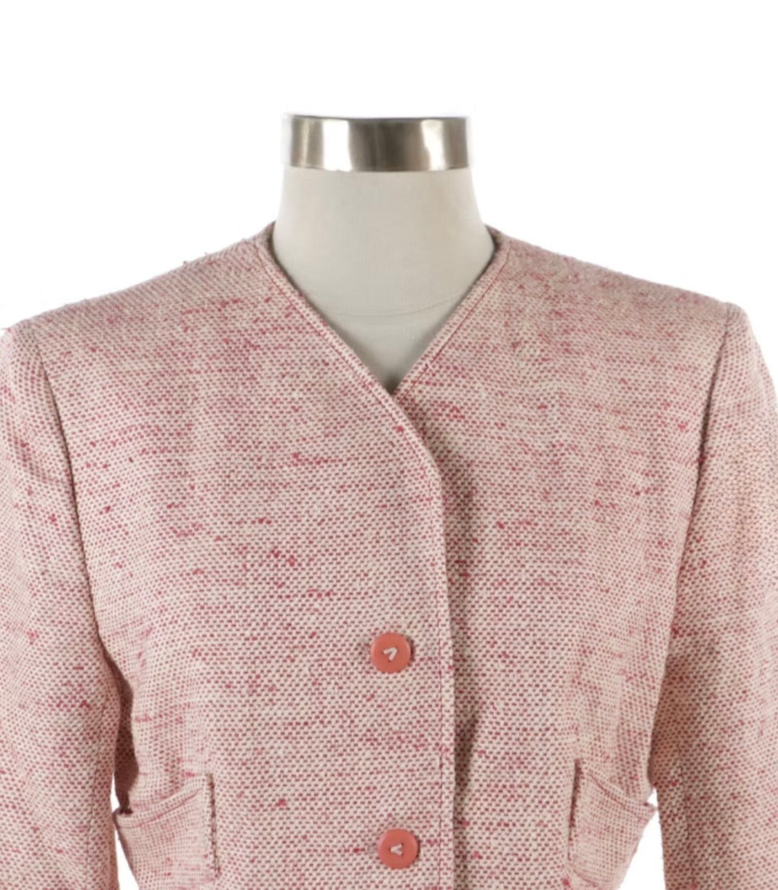 Vintage Valentino Boutique Pink Silk Noil Canvas Collarless Skirt Suit - Made in Italy