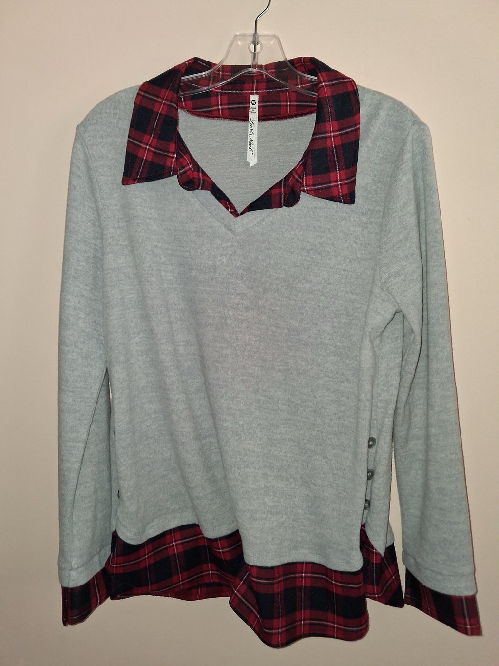Leo & Nicole Gray Sweater with Red Plaid Trim
