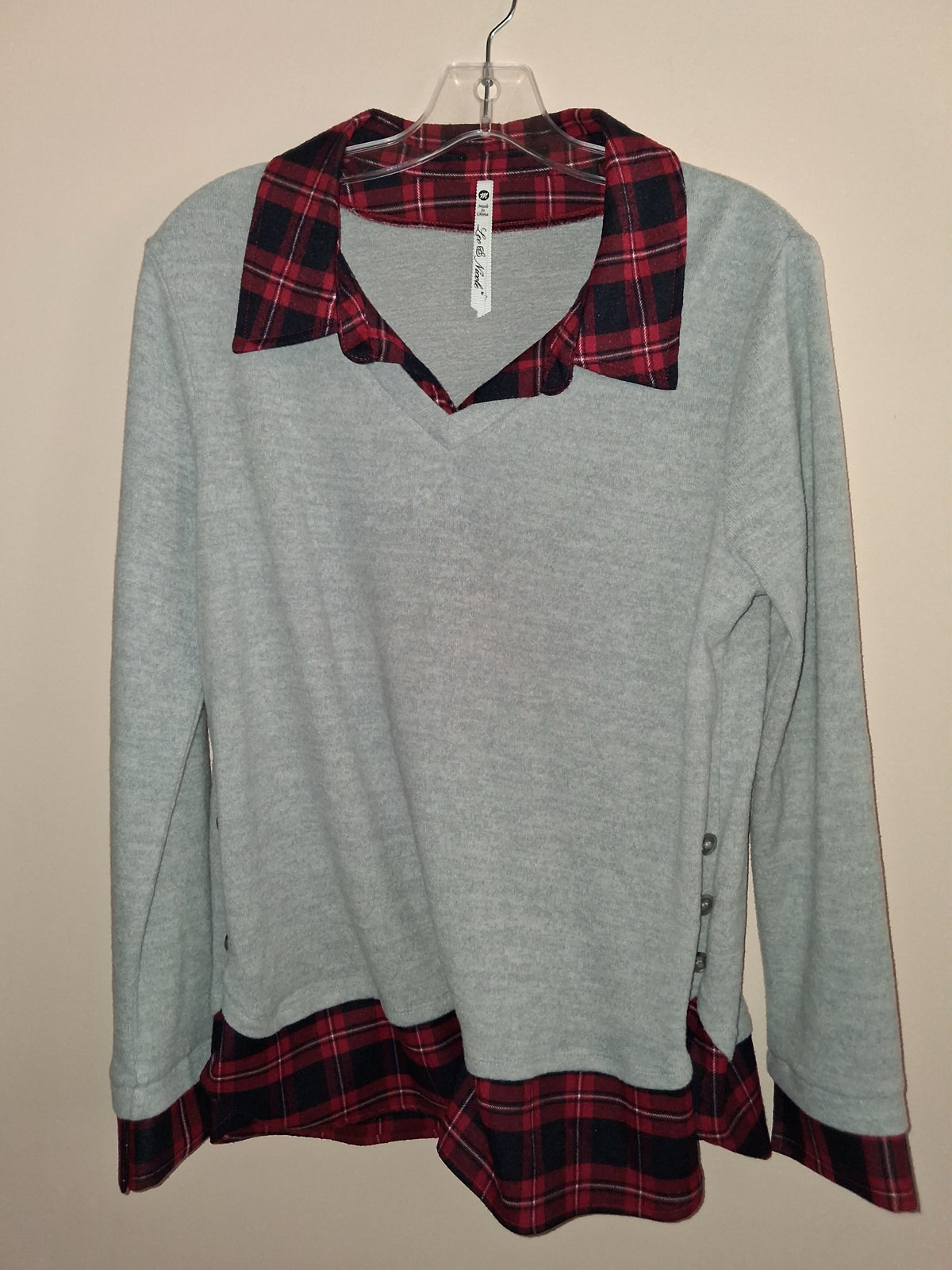 Leo & Nicole Gray Sweater with Red Plaid Trim