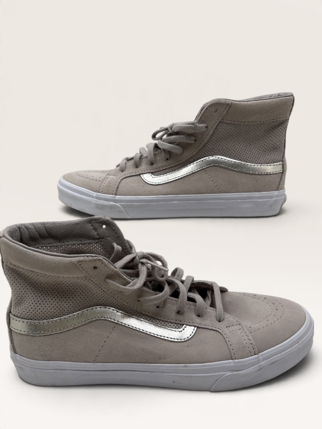 Vans Sk8-Hi Gray Suede Sneakers with Metallic Silver Sidestripe