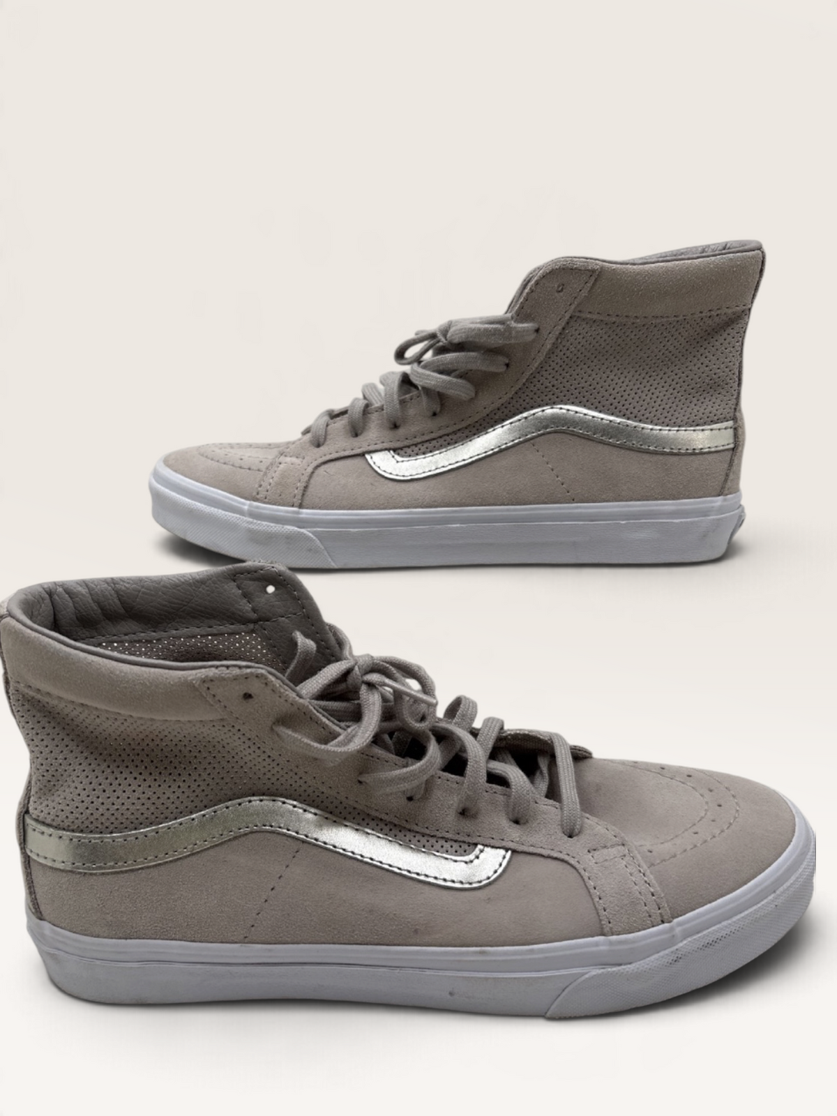 Vans Sk8-Hi Gray Suede Sneakers with Metallic Silver Sidestripe