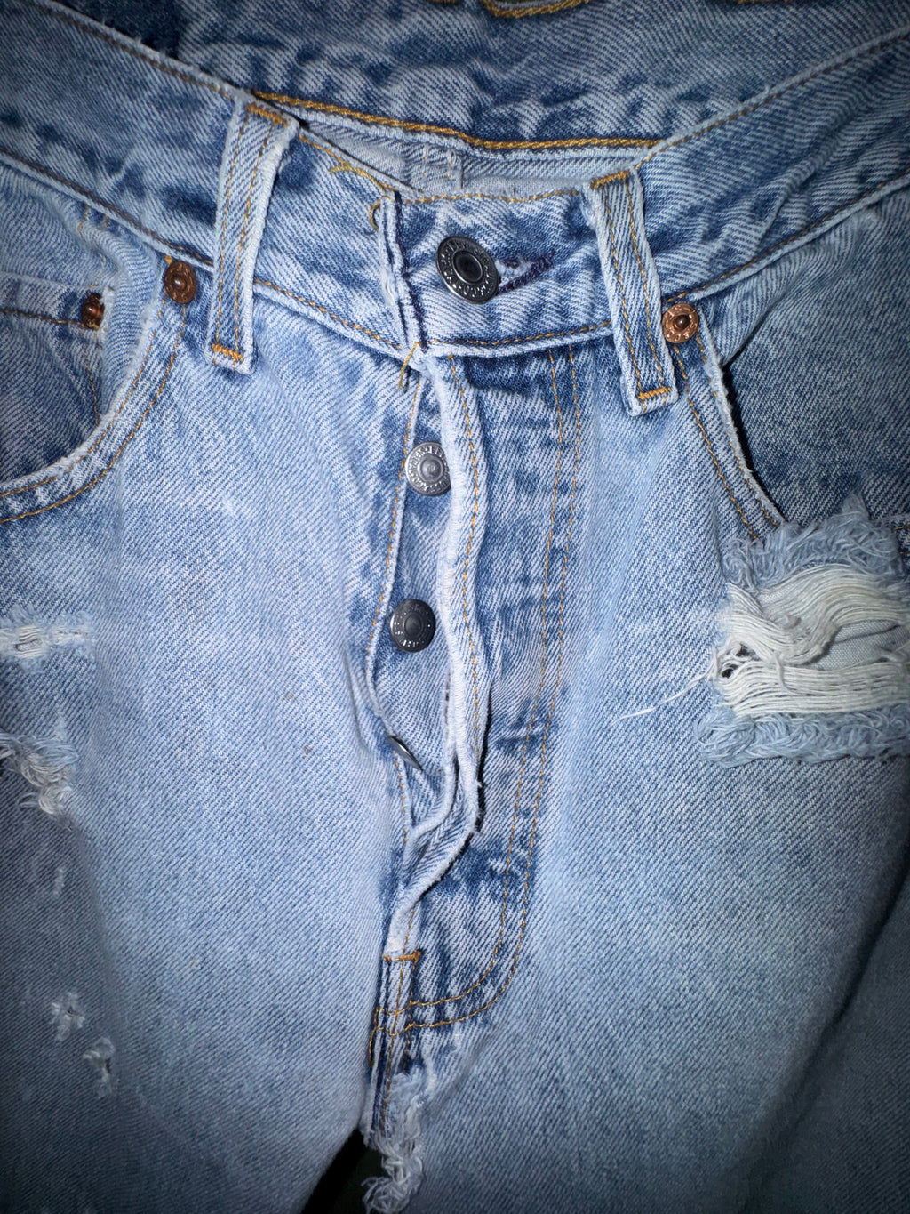 Levi’s 501 Light-Wash Distressed Jeans — Made in USA