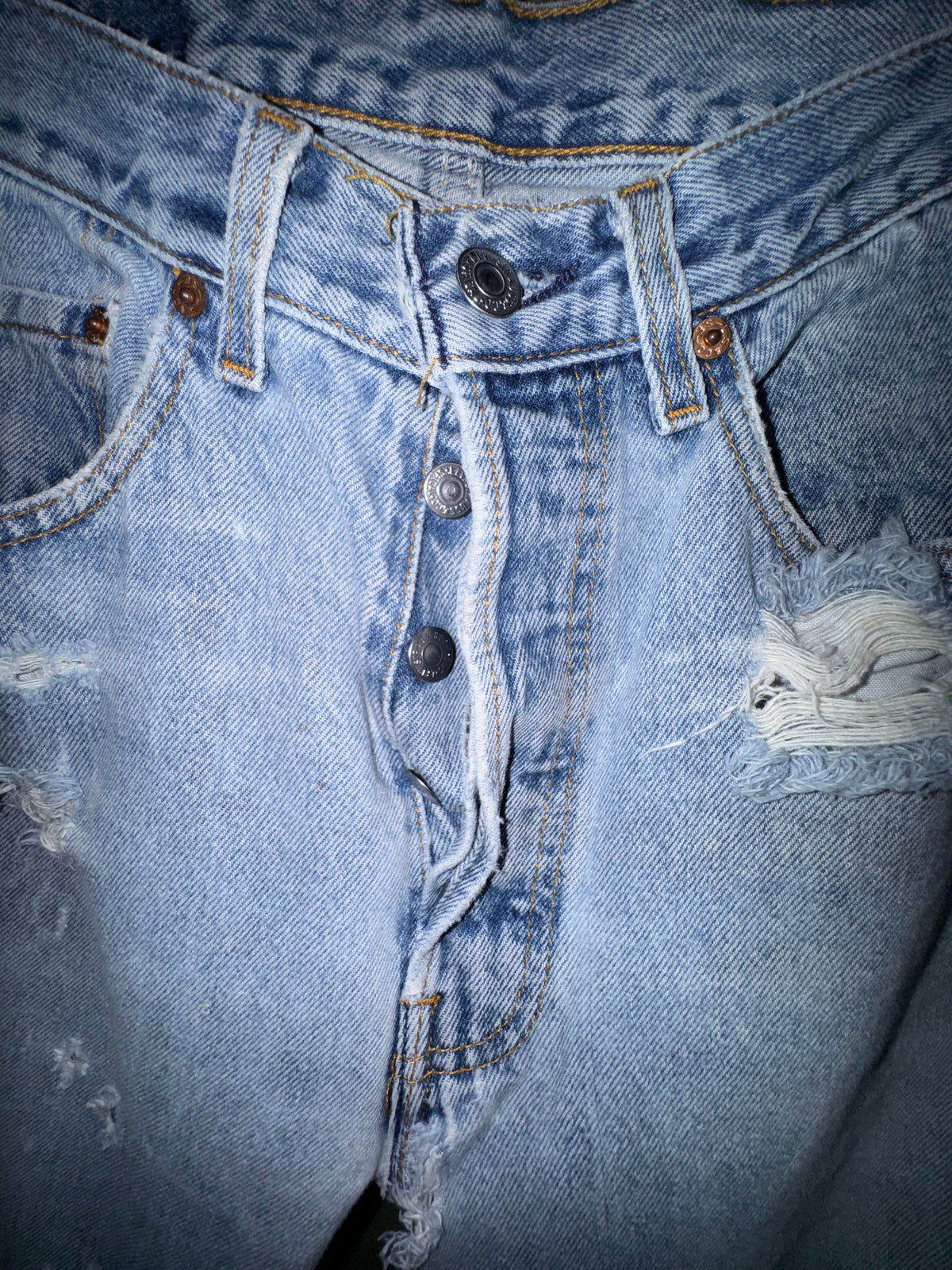 Levi’s 501 Light-Wash Distressed Jeans — Made in USA