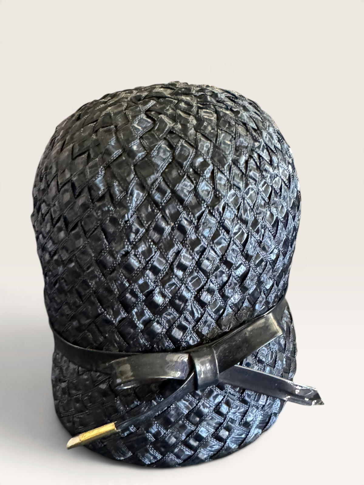Navy Woven Ribbon Cloche Hat with Bow