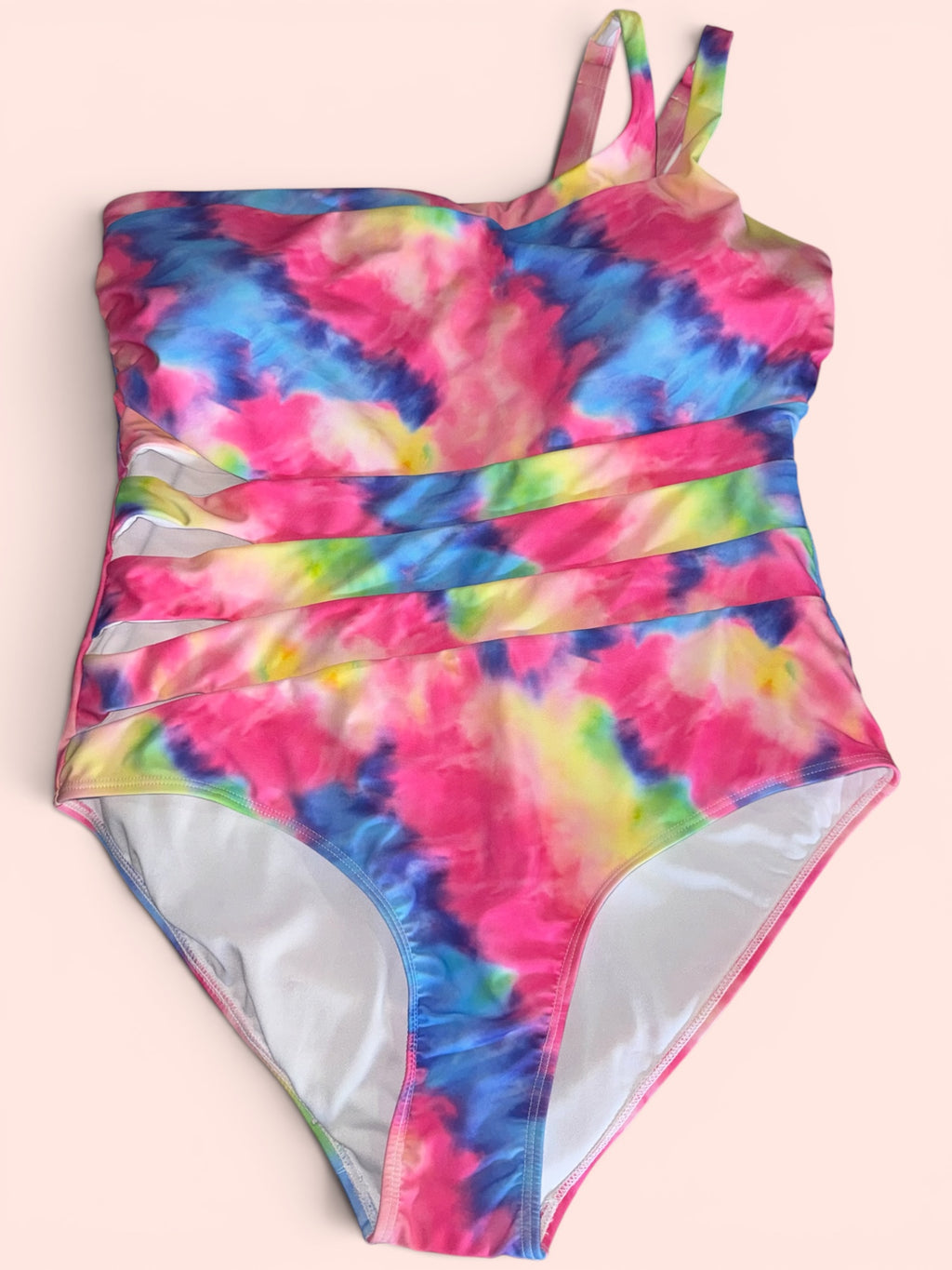 Vibrant Rainbow Tie-Dye One-Shoulder One-Piece Swimsuit - Mesh Cutout