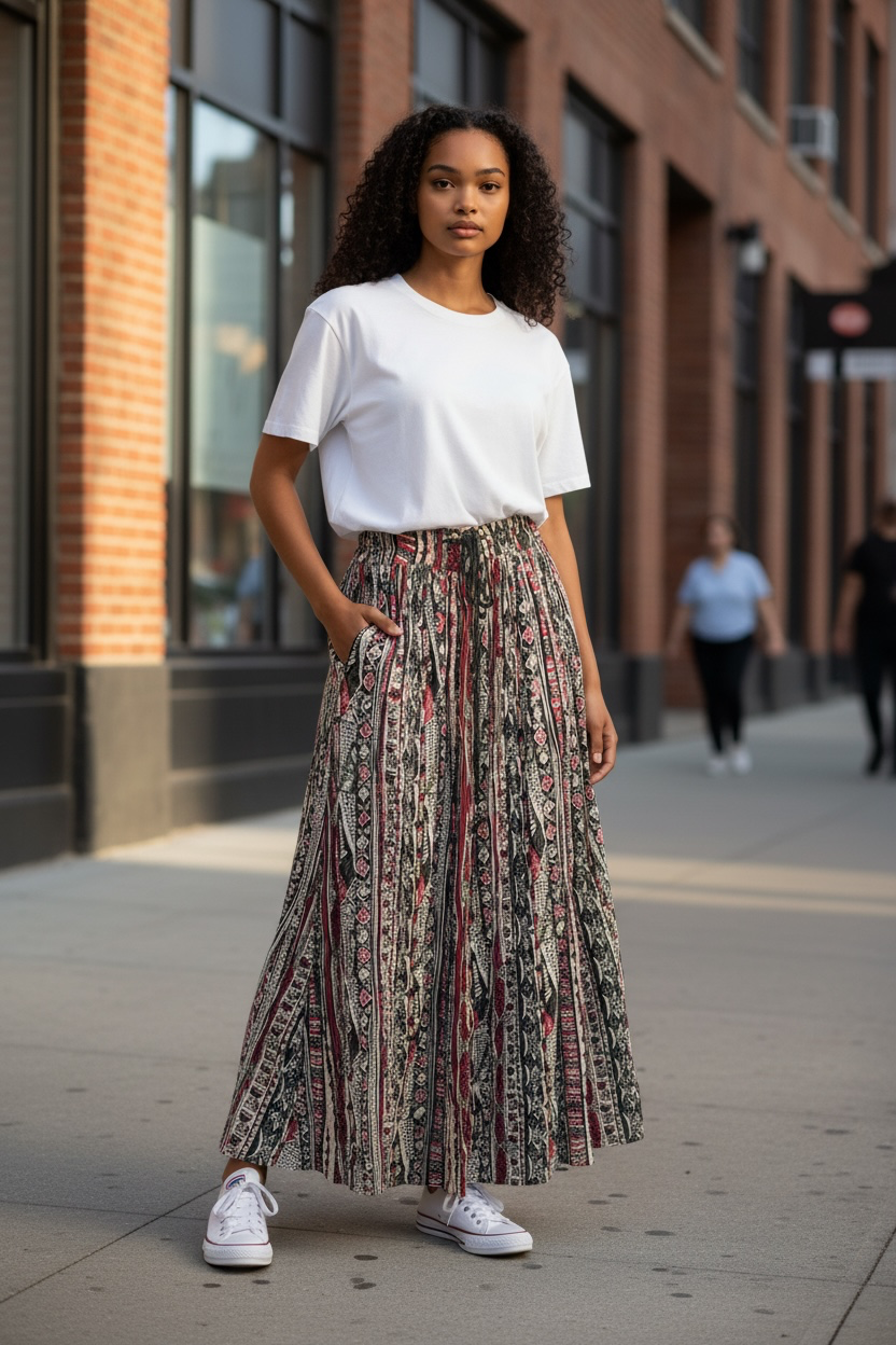 Vintage Sag Harbor Tribal Print Midi Skirt | Boho Rayon Pull-On Skirt