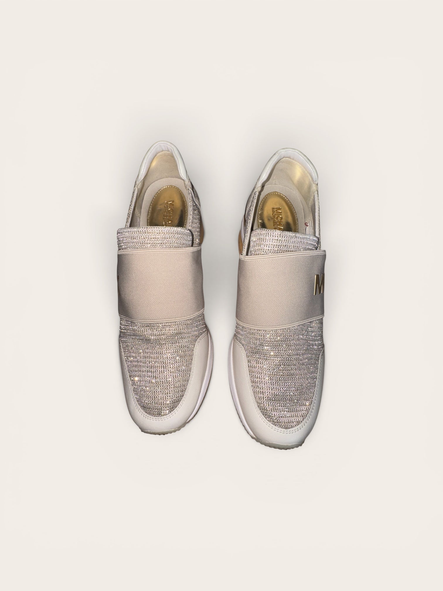 Michael Kors "Bodie" Cream & Gold Glitter Knit Slip-On Sneakers
