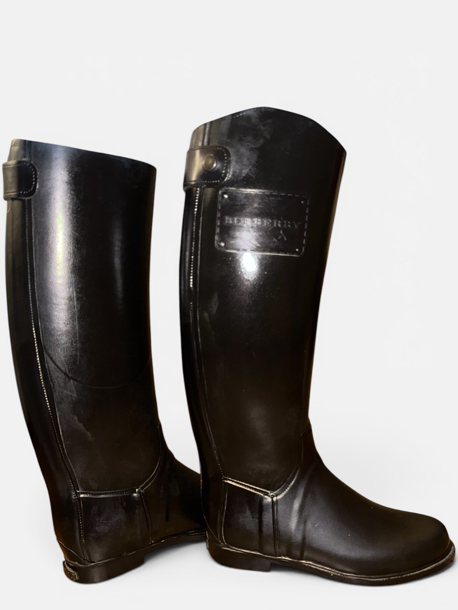 Burberry Vintage Black Equestrian Tall Rain Boots Nova Check