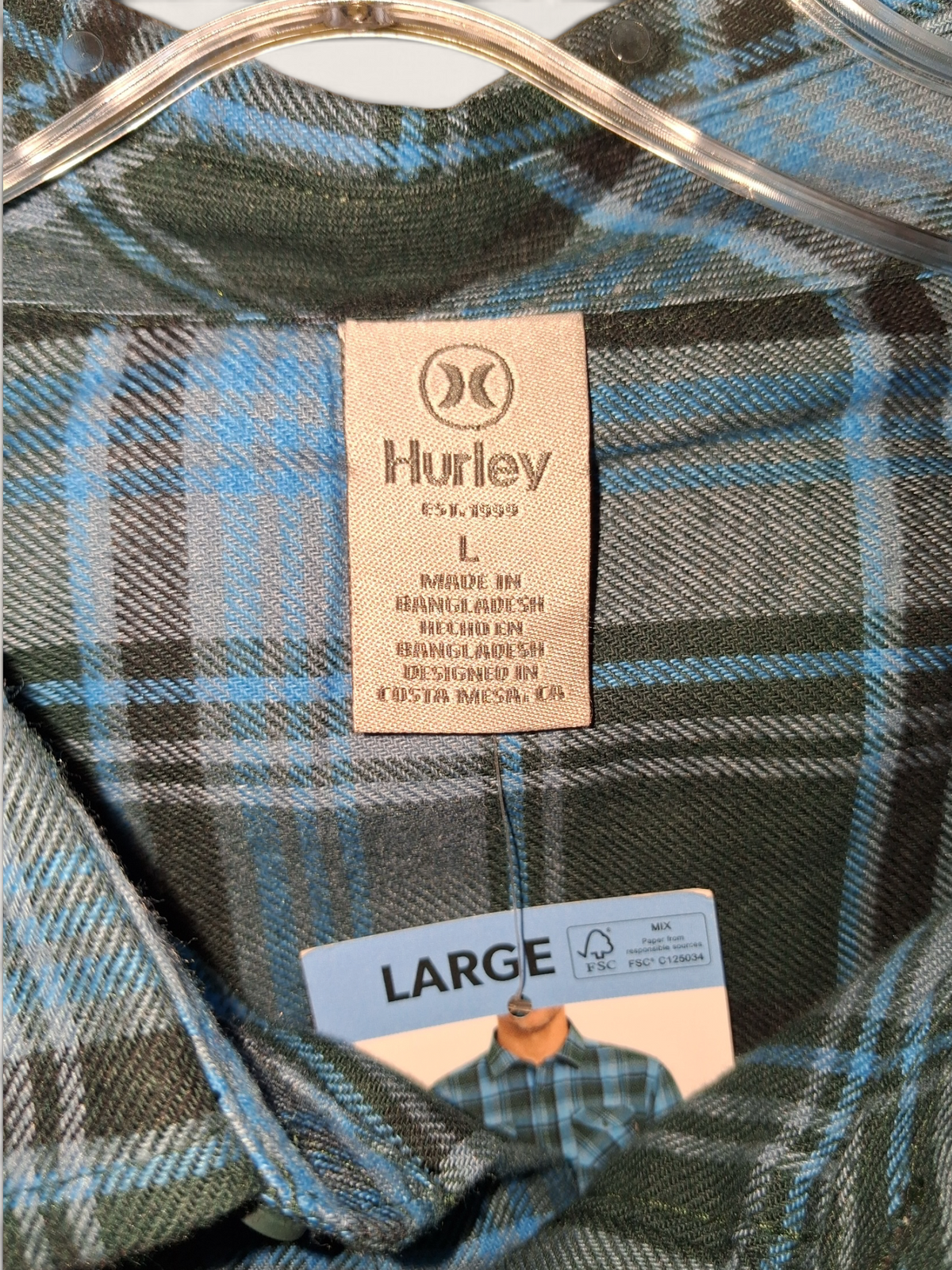 Hurley Blue & Black Plaid Long Sleeve Flannel Shirt