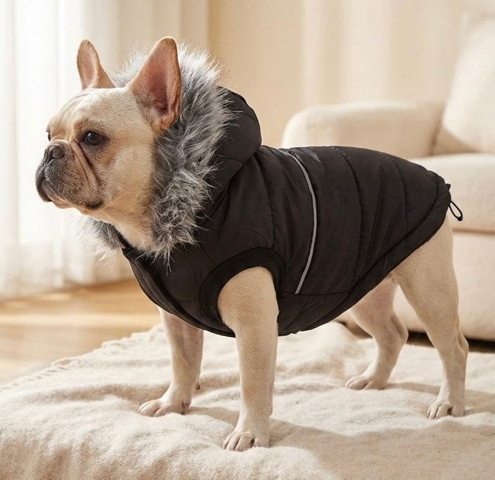 Black Hooded Pet Jacket With Fur Collar