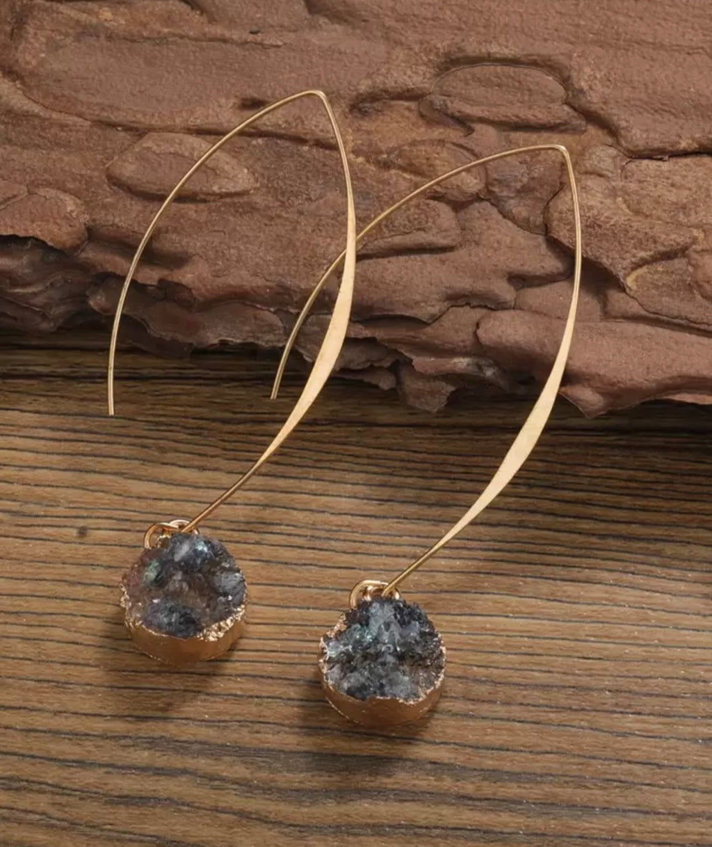 Gold-Tone Hoop Earrings with Blue Druzy-Style Drops