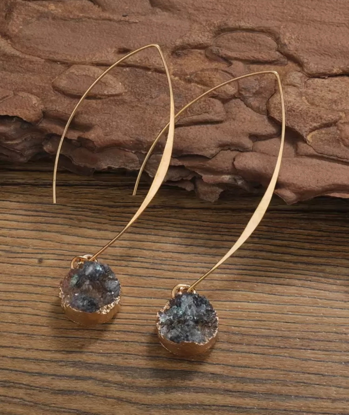 Gold-Tone Hoop Earrings with Blue Druzy-Style Drops