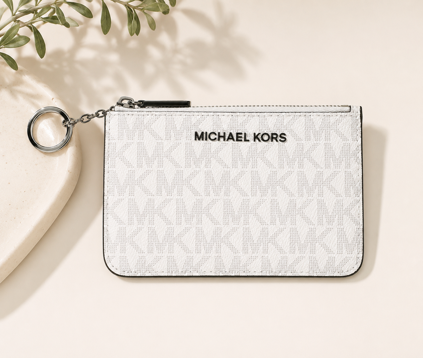 Michael Kors Vanilla MK Logo Zip Card Holder Keychain Wallet
