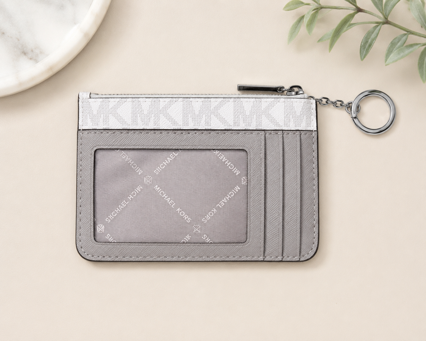 Michael Kors Vanilla MK Logo Zip Card Holder Keychain Wallet