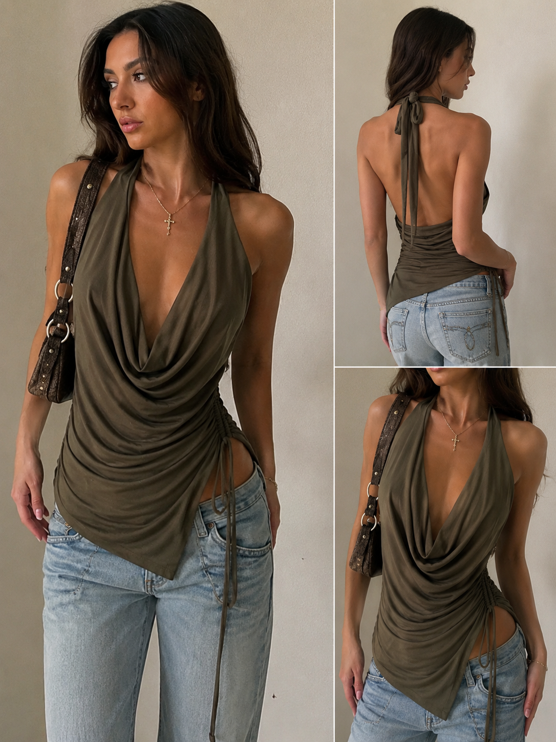 Spring Haze Los Angeles Olive Ruched Halter Top