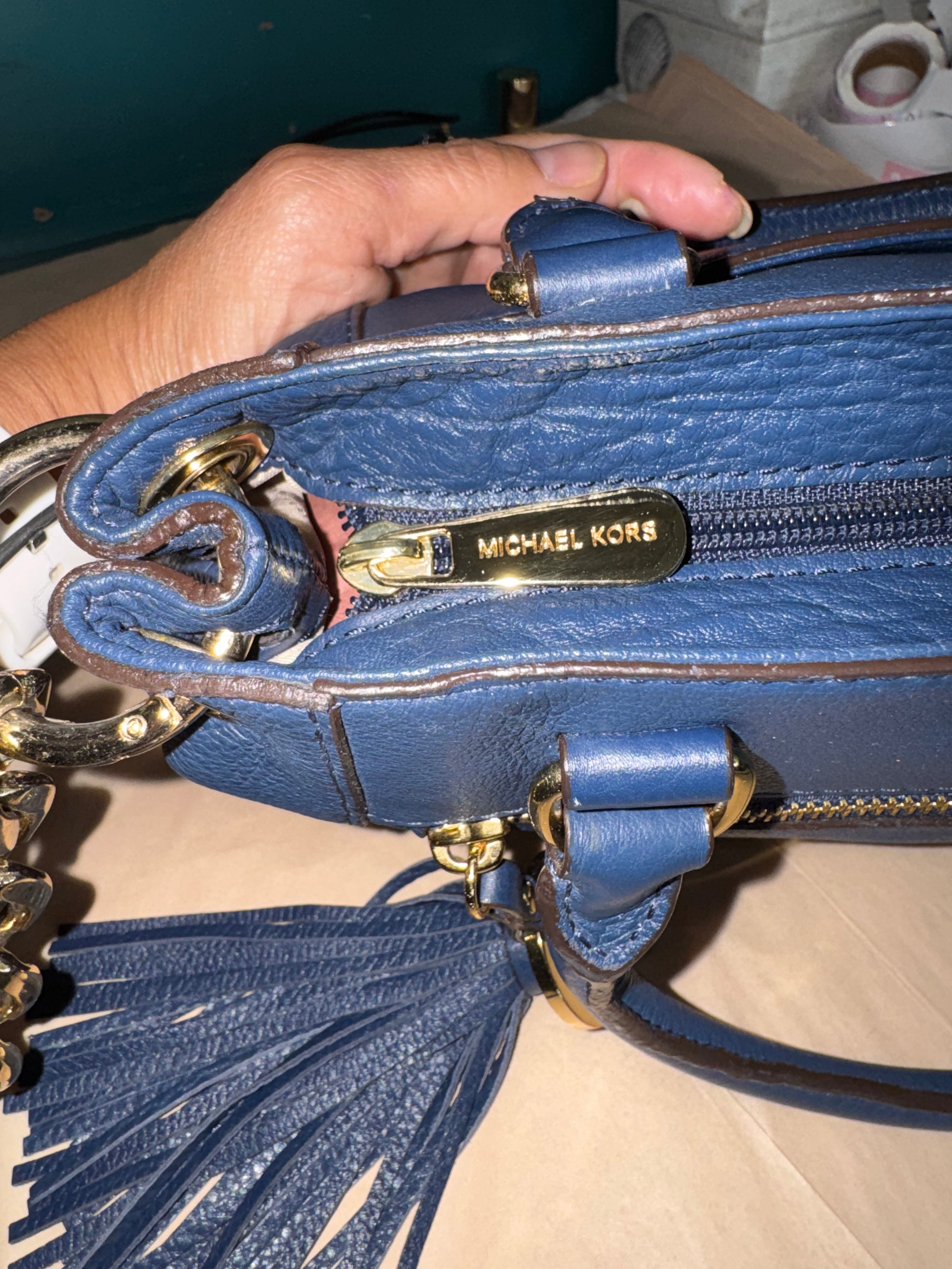 Early 2010s Michael Kors Navy Leather Tassel Satchel Crossbody Bag