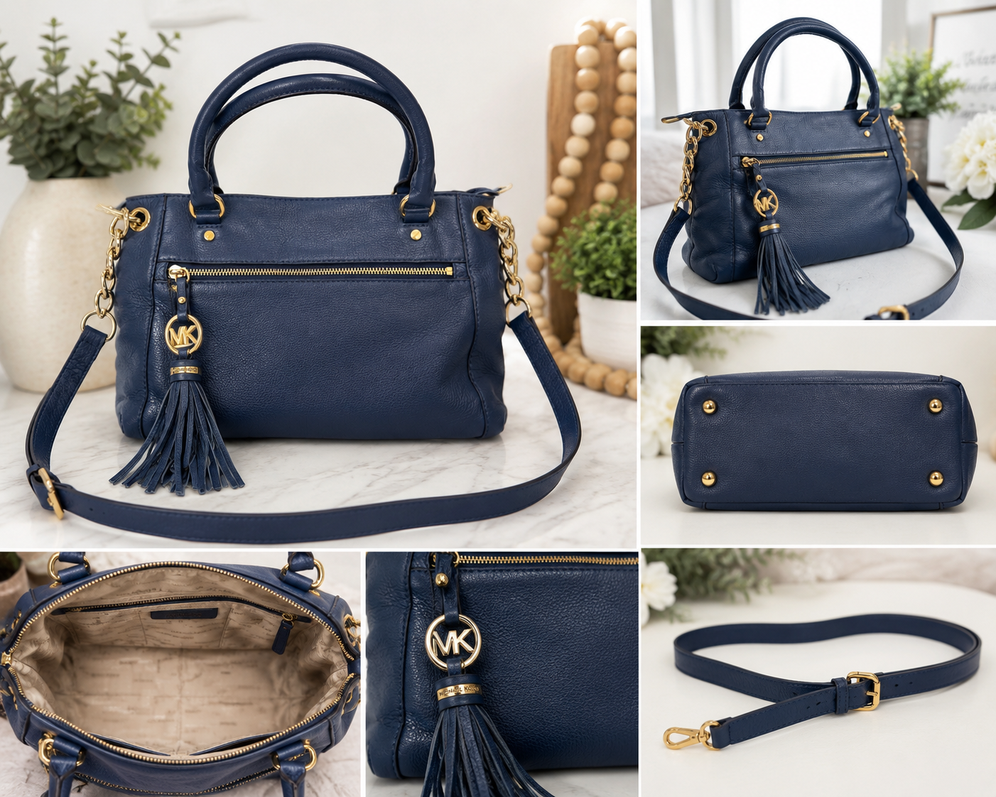 Early 2010s Michael Kors Navy Leather Tassel Satchel Crossbody Bag