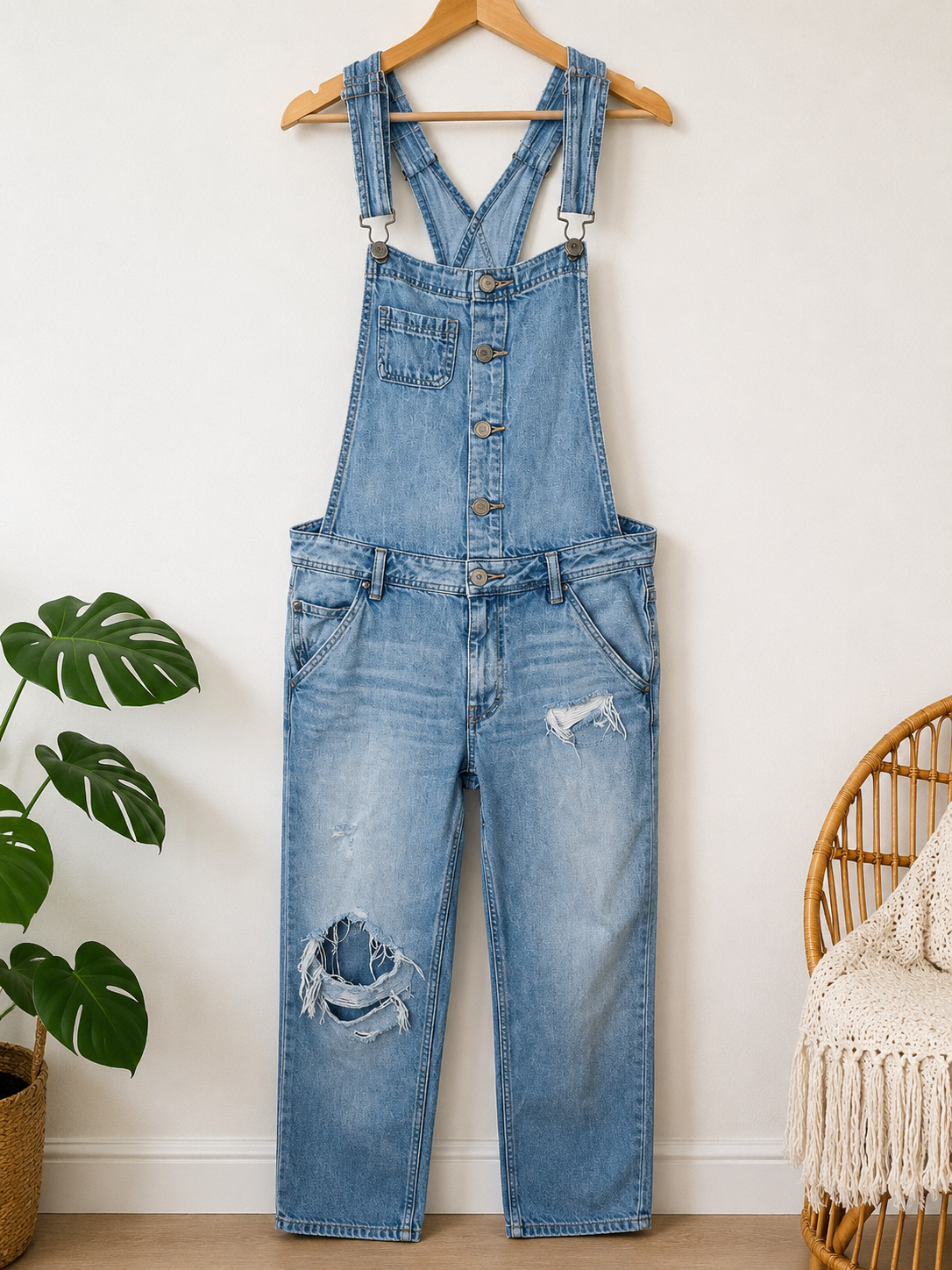 American Eagle Distressed Denim Overalls | Light Wash Relaxed Fit