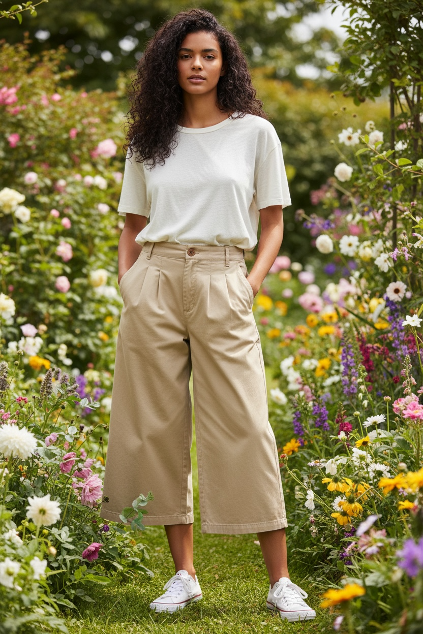 Neutral Wide Leg Culottes | Oversized Pleated Linen-Blend