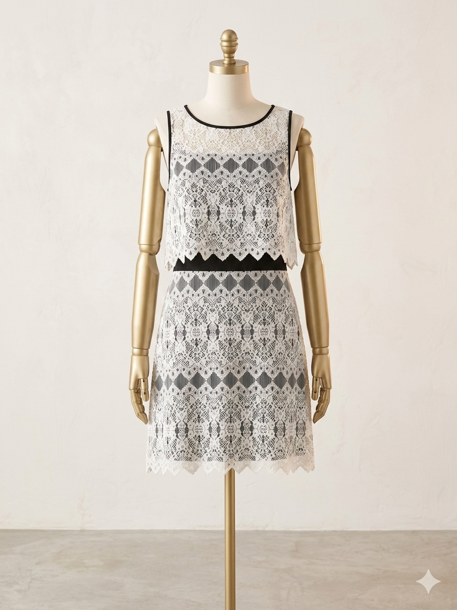 Kensie White Lace Overlay Popover Dress with Black Trim