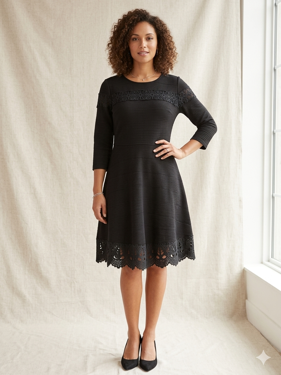NY Collection Black Midi Fit & Flare Dress with Lace Inserts