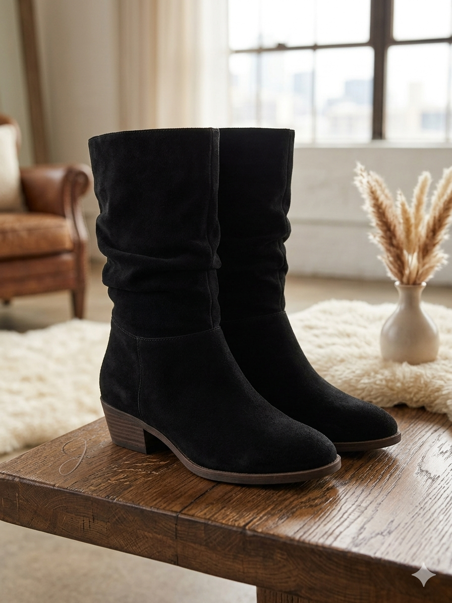 Jessica Simpson "Gilford" Black Suede Slouch Boots, Mid-Calf Block Heel
