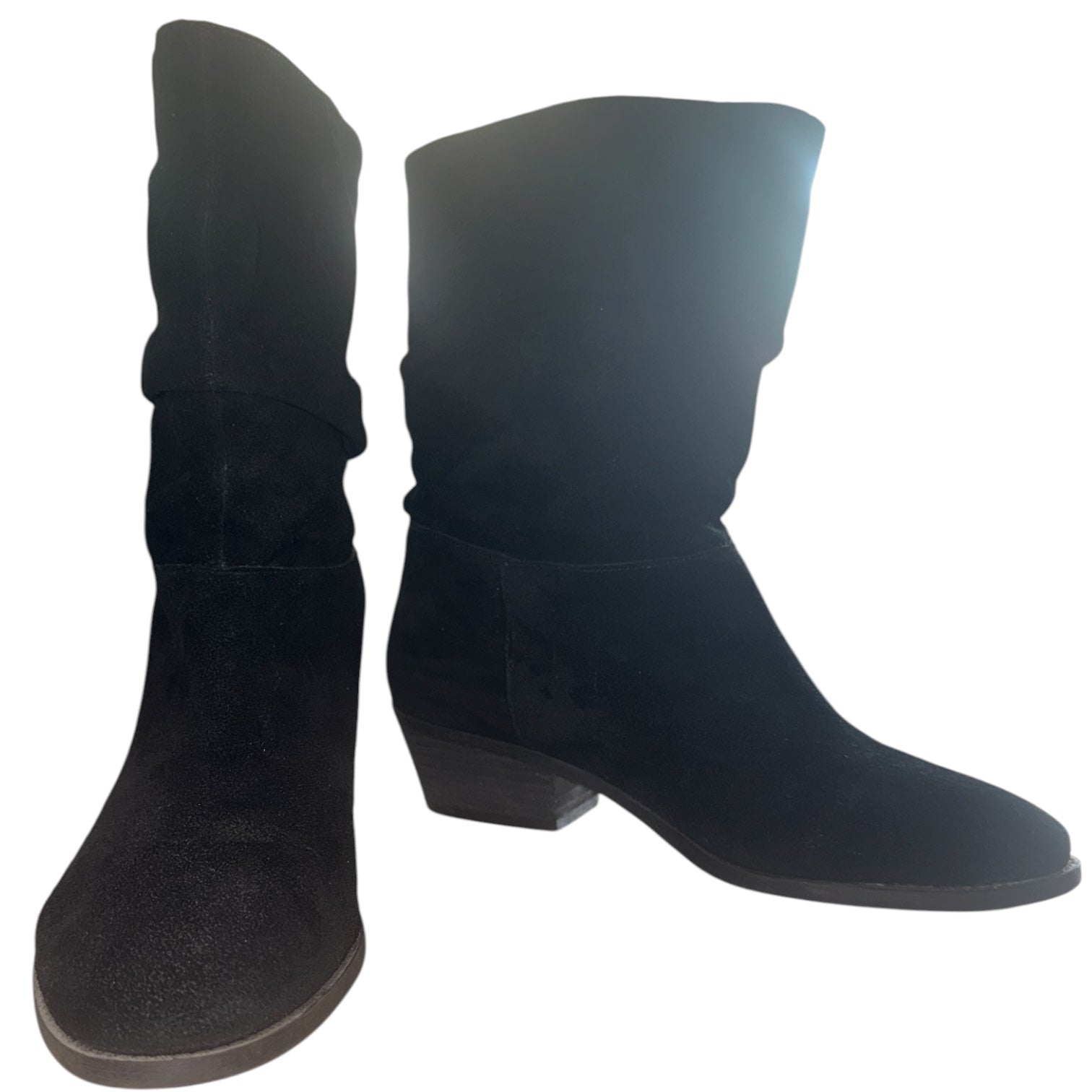 Jessica Simpson "Gilford" Black Suede Slouch Boots, Mid-Calf Block Heel