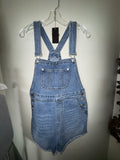 Vintage Distressed Denim Shortalls Frayed Hem Medium Wash Overalls