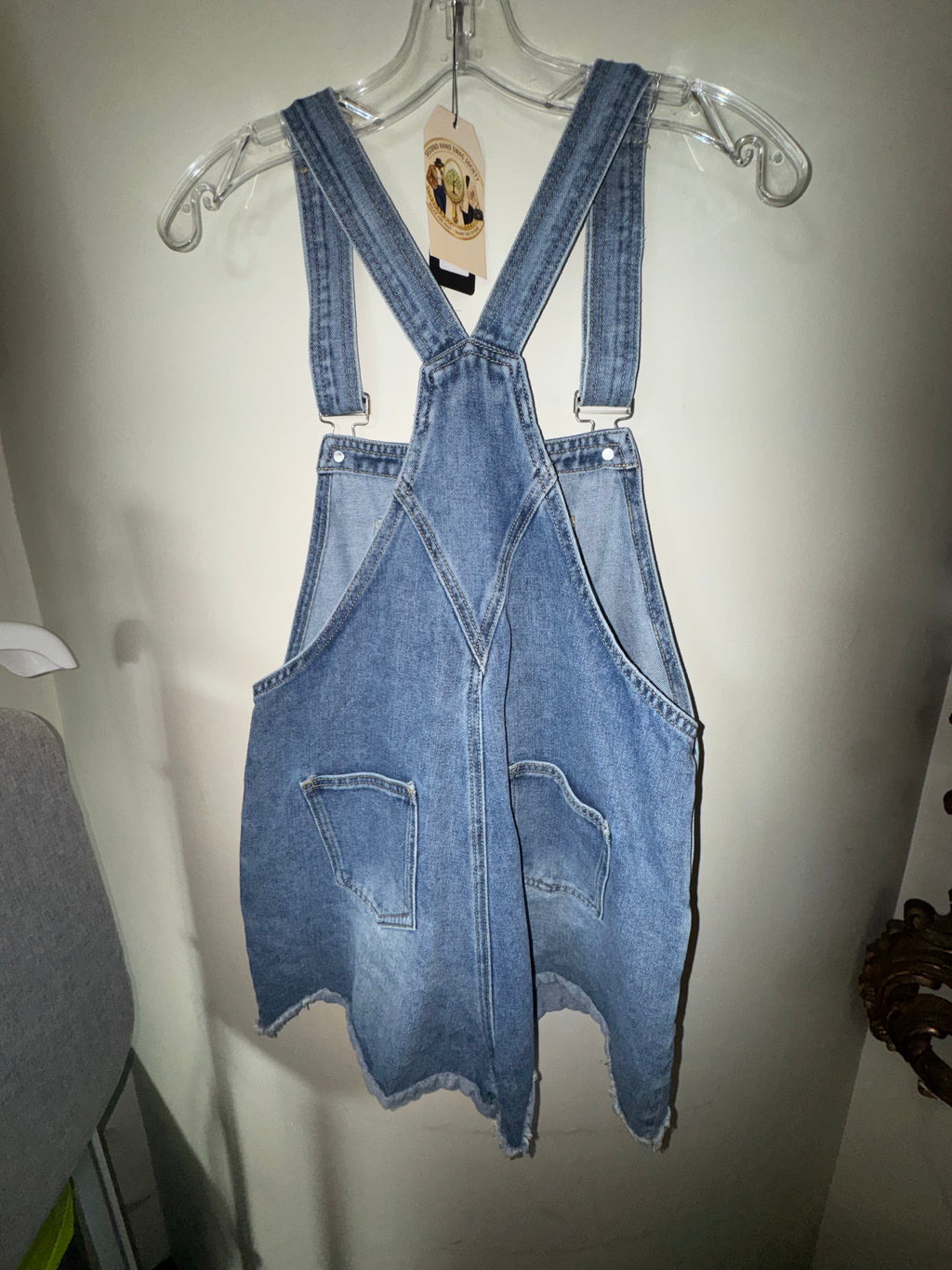 Vintage Distressed Denim Shortalls Frayed Hem Medium Wash Overalls