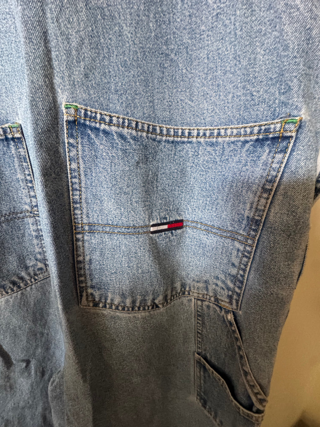 Vintage 90s Tommy Hilfiger Denim Overalls Spellout Straps Carpenter Flag