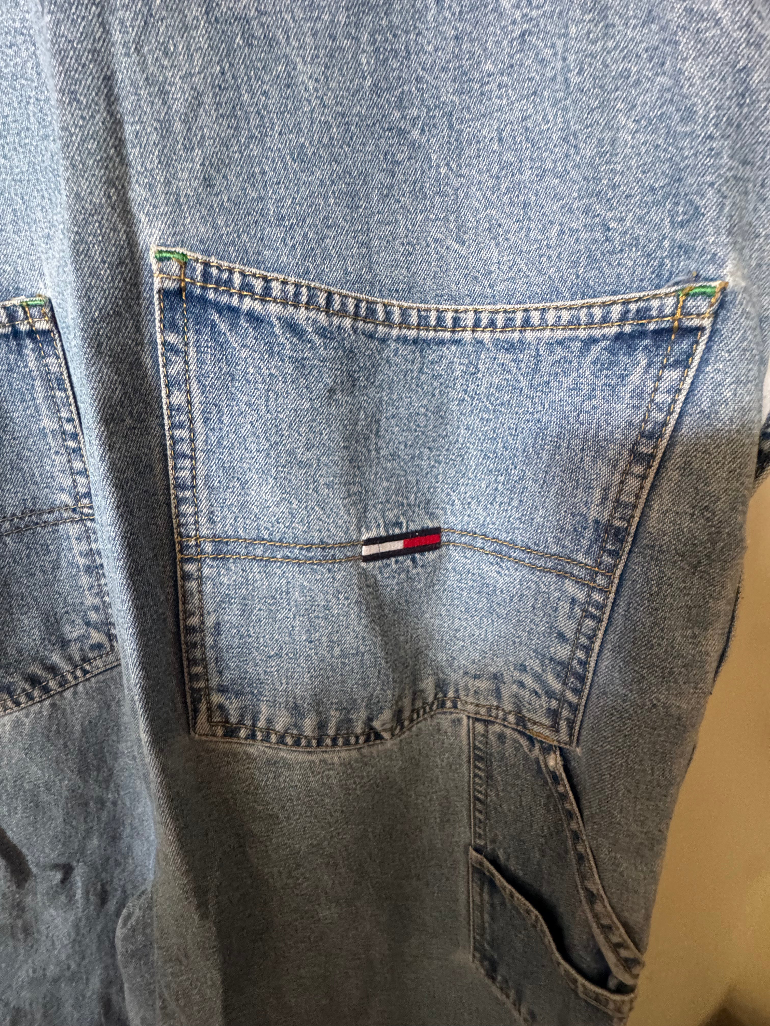 Vintage 90s Tommy Hilfiger Denim Overalls Spellout Straps Carpenter Flag