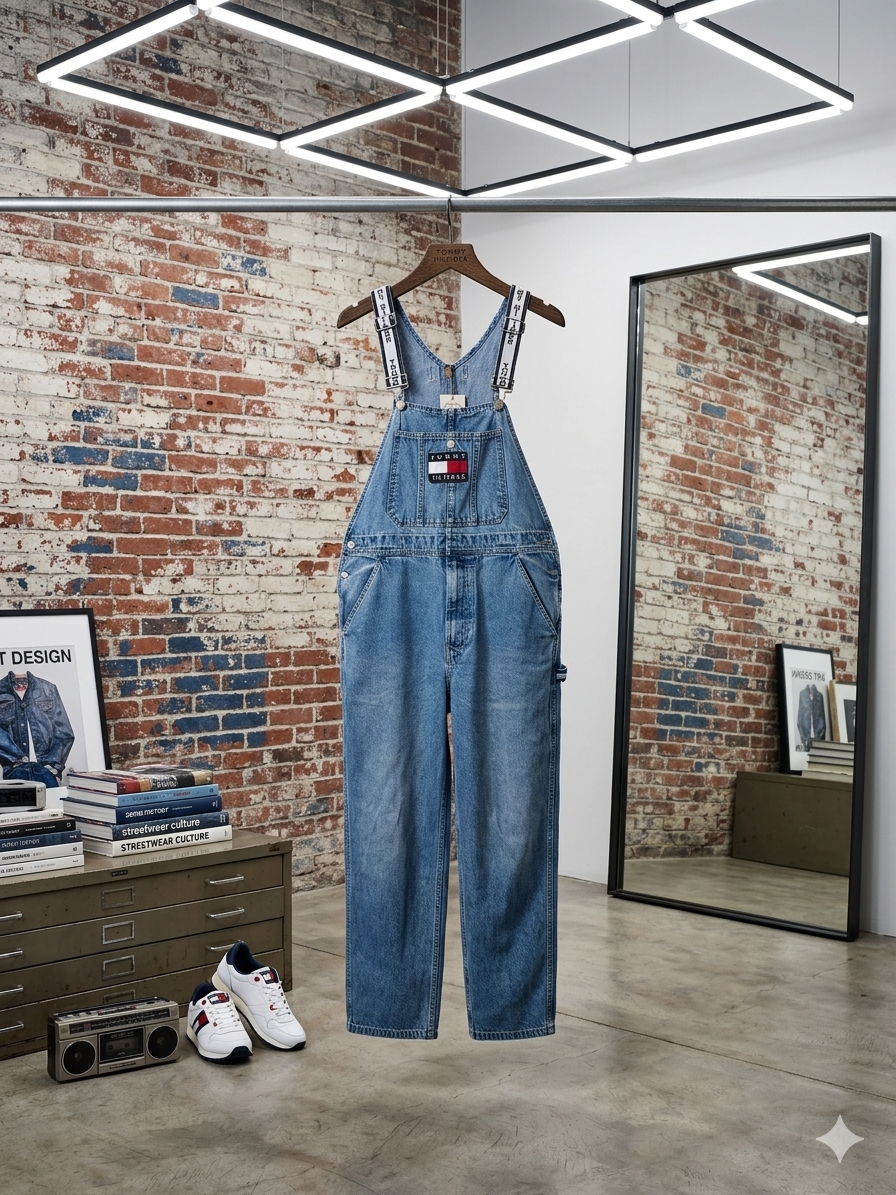 Vintage 90s Tommy Hilfiger Denim Overalls Spellout Straps Carpenter Flag