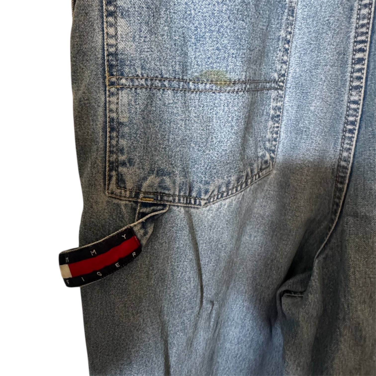 Vintage 90s Tommy Hilfiger Denim Overalls Spellout Straps Carpenter Flag