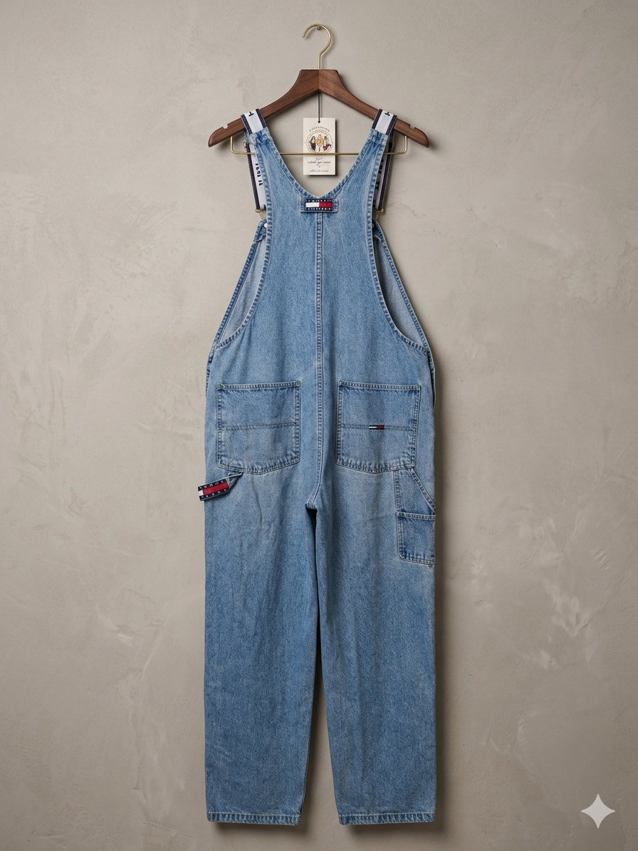 Vintage 90s Tommy Hilfiger Denim Overalls Spellout Straps Carpenter Flag