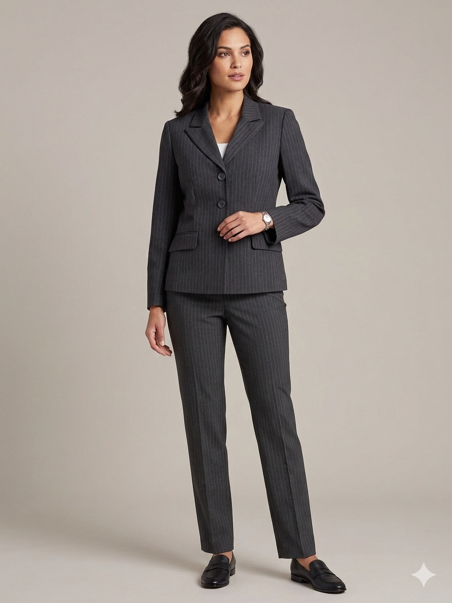 Le Suit Petite Charcoal Gray Pinstripe 2-Piece Pantsuit