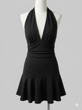 Flirty Black Plunge Halter Ruffle Mini Skort Dress