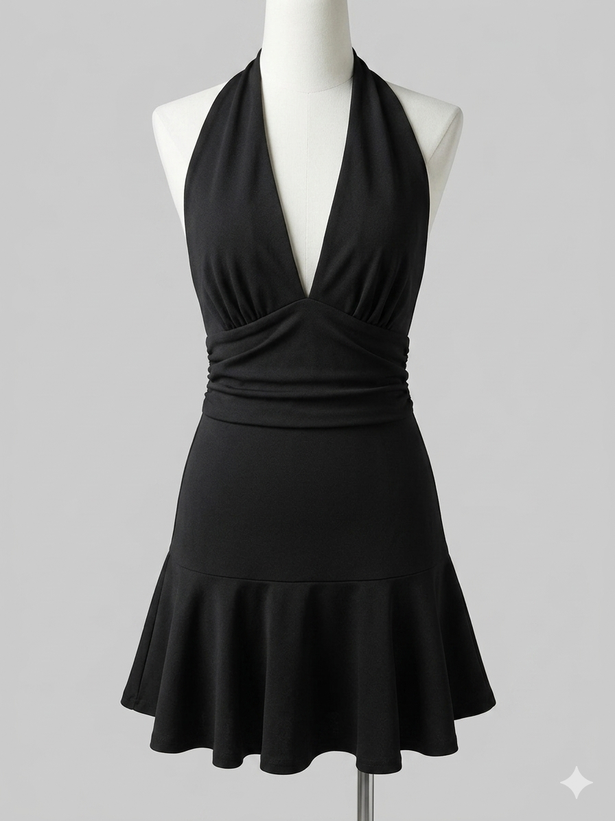 Flirty Black Plunge Halter Ruffle Mini Skort Dress