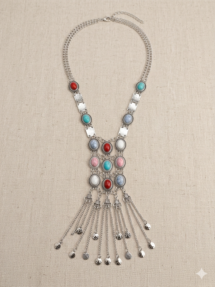Vintage Boho Southwestern Multi-Stone Fringe Statement Necklace – Silver Tone