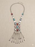 Vintage Boho Southwestern Multi-Stone Fringe Statement Necklace – Silver Tone