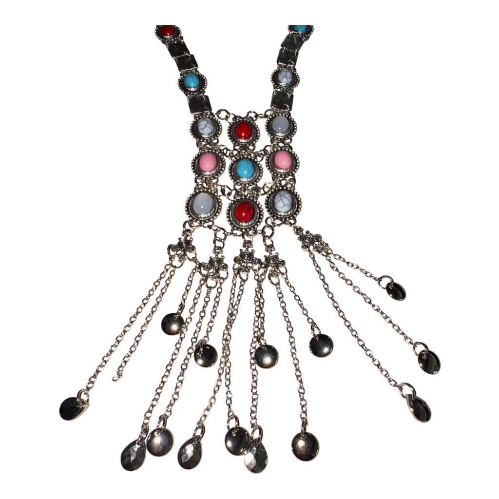 Vintage Boho Southwestern Multi-Stone Fringe Statement Necklace – Silver Tone