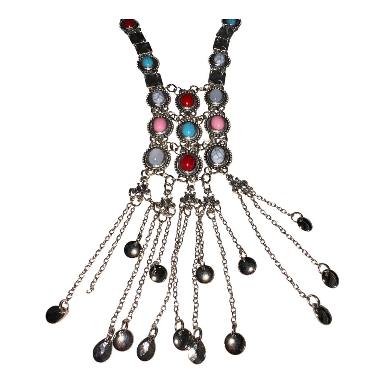 Vintage Boho Southwestern Multi-Stone Fringe Statement Necklace – Silver Tone